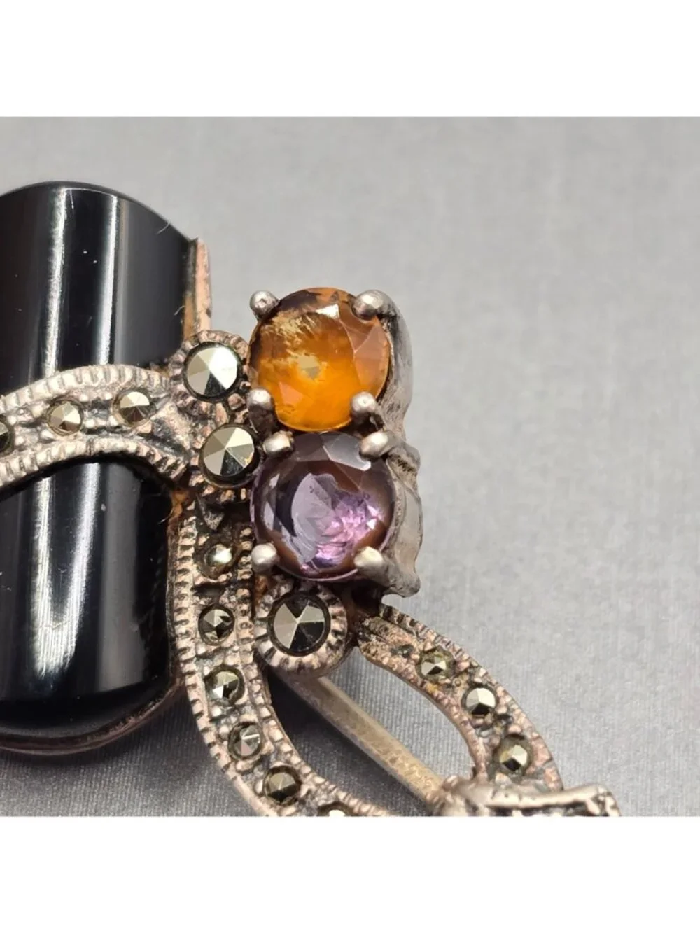 Art Deco Sterling Silver Onyx Amethyst Citrine Marcasite Brooch Vintage C Mark - Picture 6 of 15